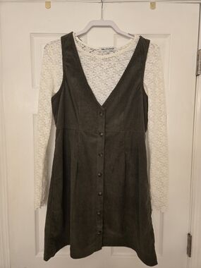 Wallflower Olive Corduroy Button-Front Pinafore